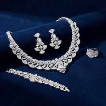 BIIDETALK 4Pcs Luxury Bridal Set, Silver Teardrop Zirconia Fan Jewelry, Necklace Earrings Bracelet Ring For Women, Wedding Evening Banquet Formal Party Accessory - Silver - View 5
