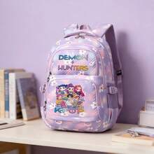 Miniso Colorful Letter Full Group Cartoon Figure Print Gradient Purple Pink Cherry Blossom Chevron Quilt Large Capacity Student Backpack Multi Compartment Sc - Purple - View 3