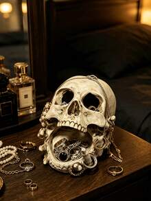 1pc Gothic Distressed Skull Jewelry Display Stand, Multi-Functional Vintage Resin Ring & Earring Storage Tray, Suitable For Vanity, Jewelry Store Display, Halloween Party Decor, Tattoo Studio & Boutique Display - 1PC - View 3