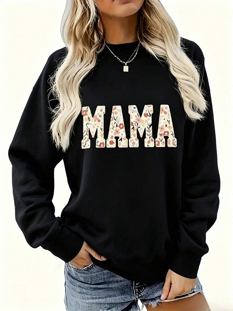 Women's Cozy MAMA Floral Letter Print Pullover Sweatshirt - Ultra-Soft Olive Green Crewneck Long Sleeve, Machine Washable - Black - View 1