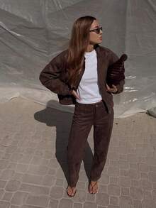 Vintage Women's Brown Knitted Fabric Motorcycle Jacket, Zipper Closure, Long Sleeve Collar, Regular Length, Suitable For Autumn/Winter - Coffee Brown - View 3