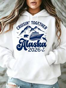 Women Hooded Sweatshirt Cruisin Together Alaska 2026 Cruise Ship Mountains Bear And Dolphin Print For Vacation Travel Summer Holidayprinted Sweatshirt - 白色 - 查看 2
