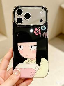 1pc Cute Long Straight Bangs Cartoon Girl Hibiscus Print Black Glossy Frame Transparent Soft Phone Case, Compatible With IPhone 17 Pro Max/16/15/14/13/12/11 Pro Plus/16E, Large Split Silver Lens Window Full Lens Protection Cover, Waterproof Shockproof Anti-Drop Anti-Scratch TPU Protective Shell - Hibiscus Black Swamp Sawako - View 2
