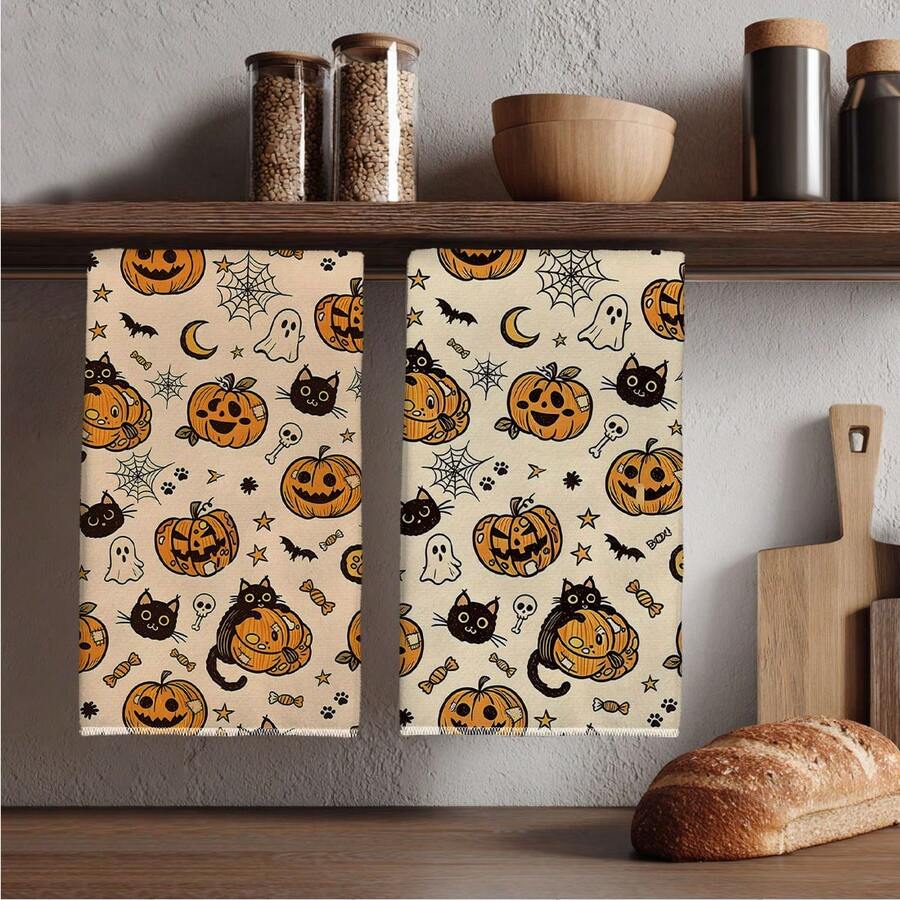 2pcs Halloween Cartoon Black Cat Pumpkin Seamless Pattern Kitchen Towels, Rectangular Microfiber Kitchen Towels, Dish Cloths, Scouring Pads, Hand Towels, Cooking Baking Tea Towels, Kitchen Decor, Housewarming Gift, Birthday Gift, Bathroom Cleaning Wipes, Decorative Towels - Multicolor - View 1