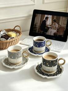 1/3 Sets 110ml Premium Nordic Ceramic Cup & Saucer Set,Piano Note Pattern Coffee Mug With Heat Resistant Handle, Dishwasher , Perfect For Espresso Afternoon Tea Cup,Party & Kitchen, Ideal Gift For Women/Girls ,Housewarming,Back To School Present - Multicolor - View 3