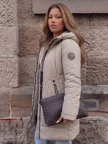 Astrid Plus Size Winter Casual Denim Detail Hooded Mid-Length Cotton Padded Coat - Beige - View 5
