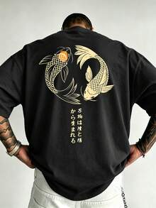 男士大尺碼印花T恤，海軍藍日式錦鯉魚印花，街頭風休閒上衣 - 黑色 - 查看 4