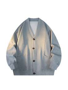Spring/Autumn Gray V-Neck Single-Breasted Men's Cardigan Sweater, Casual Everyday Versatile Top - Grey - View 6