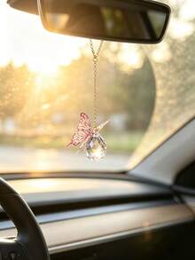 1件粉色蝴蝶水晶水滴車用後視鏡吊飾，金色鏈條汽車內飾裝飾掛件，適用車輛擋風玻璃的美感車飾配件 - A - 查看 1