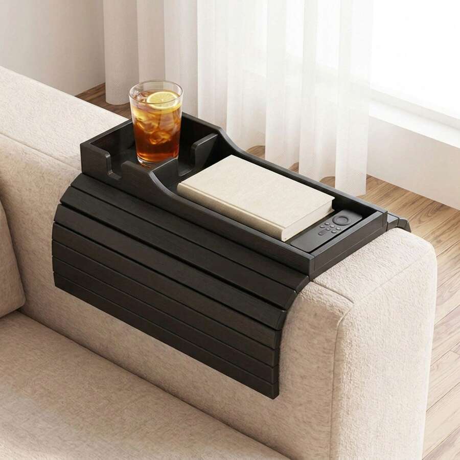 Bamboo Couch Cup Holder Anti-Slip Foldable Sofa Armrest Tray Organizer With 3 Grooves For Drinks Snacks Remote Multi-Size Fit Sturdy Durable Easy To Store Black For Living Room Home Office