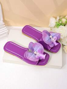 1 Pair Girls Purple Floral Sandals, Anti-Slip Wear-Resistant Square Toe Flat Bottom Sweet Style, Spring/Summer - Purple - View 8