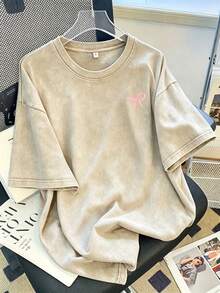 Women Vintage Washed Tee, 230G Thick Oversized Crew Neck Short Sleeve, Retro Street Loose Fit Casual Top For Spring Summer Machine Washable Daily Wear - 杏色 - 查看 1
