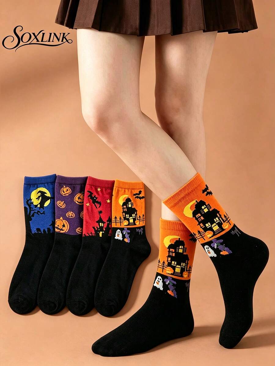 4 Pairs Women's Halloween Mid-Calf Socks, Autumn Pumpkin Ghost Witch Pattern Casual Party Socks, Girls Halloween Gift Student Socks - Multicolor - View 1