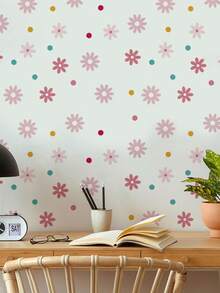 1pc Macaron Fresh Ditsy Floral Pink Flower Wall Decor Sticker, Removable Room Decoration Wall Decal For Bedroom, Living Room, Girls' Children's Room - 1PC - View 5