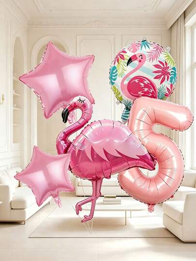 5pcs Round Pink Number Balloons With Flamingo And Star Patterns, Suitable For Birthday Party, Summer Pool Party, Hawaiian Theme Party, Children Celebration, Outdoor Picnic
