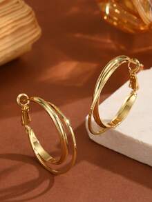 1 Pair Copper Double Interlocked Hoop Earrings, Minimalist Lightweight Twisted Circle Earrings For Women Daily Party Jewelry Gifts - Multicolor - View 2
