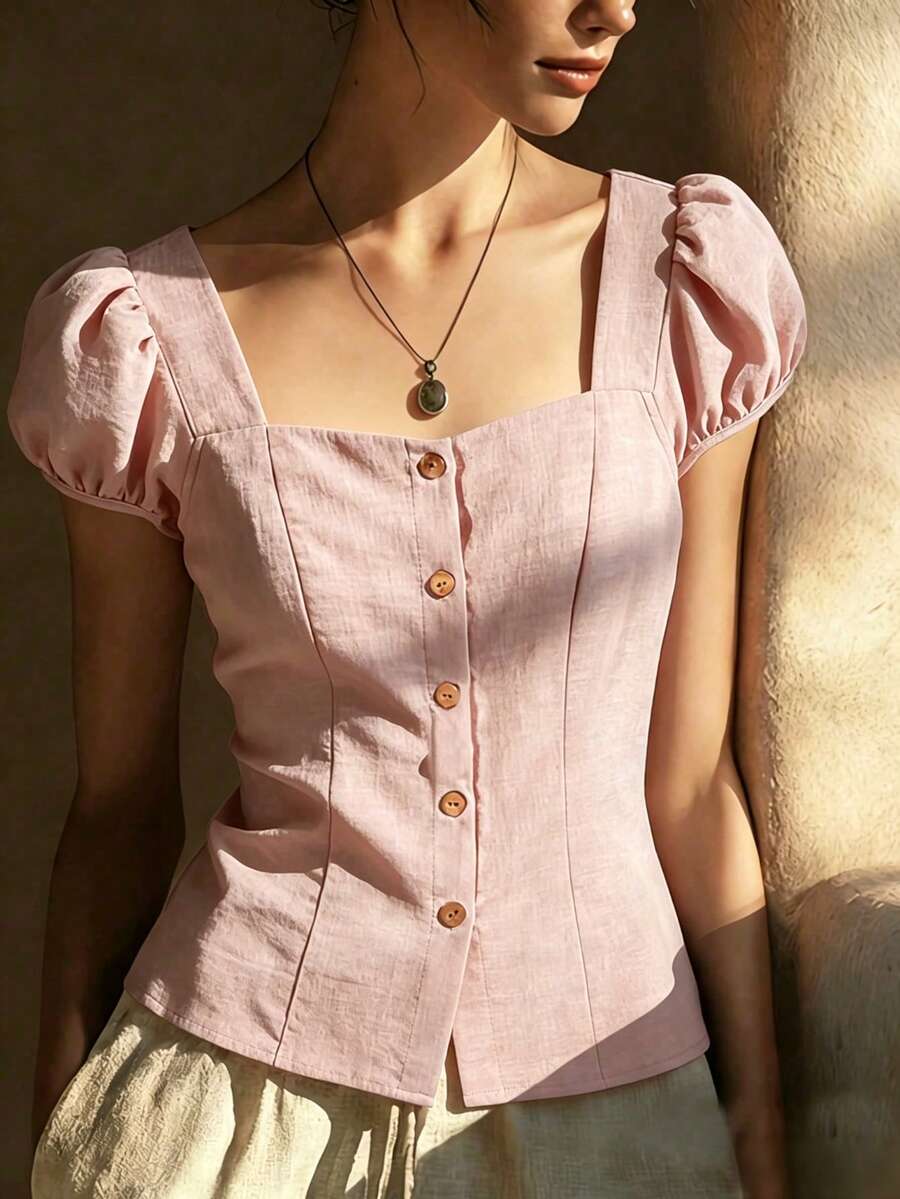 Elegant French Style Solid Color Square Collar Short Sleeve Blouse For Women, Spring/Summer, Fitted Design, Unique Pink - Pink - View 1