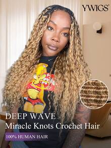 Y WIGS #27/30/613 波西米亞風鉤編真人髮 Miracle Knots 深波浪 55g 18英吋 無結 100% 真人髮接髮輕量可重複使用隱形羽毛鉤編髮,適用於假期、度假、運動、日常 - 彩色 - 查看 2