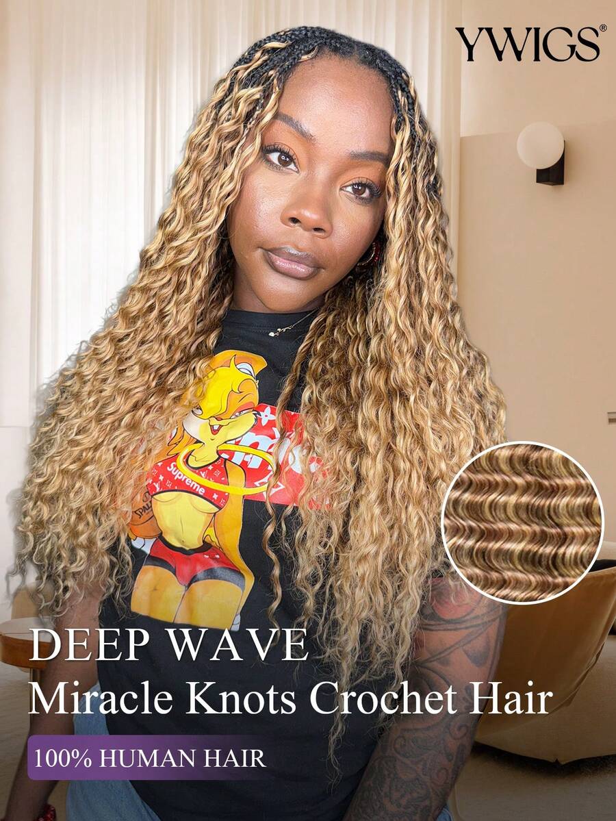 Y WIGS #27/30/613 波西米亞風鉤編真人髮 Miracle Knots 深波浪 55g 18英吋 無結 100% 真人髮接髮輕量可重複使用隱形羽毛鉤編髮，適用於假期、度假、運動、日常