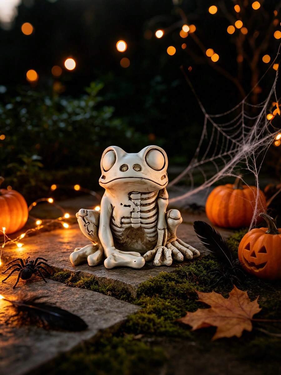 Halloween Skeleton Frog Resin Statue, Gothic Bone Frog Figurine Decor, Ghostly Jack-O'-Lantern Halloween Party Desktop Ornament, Home Indoor Tabletop Decoration, Garden Ornament - Frog - View 1
