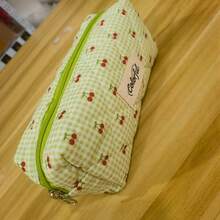 Style Cherry & Plaid Quilted Pencil Case, Soft Cotton Filled Stationery Bag, Student Portable Makeup Bag, Back To School Essential, Desktop Storage & Travel Makeup Bag - W - View 7
