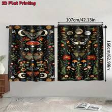 2pcs Bohemian Vintage Moon Phase Butterfly Mushroom Pattern Printed Semi-Sheer Curtains, 90GSM Polyester Semi-Sheer Privacy Protection, Easy Installation, Quick Dry, Washable, Non-Fading, Lightweight Removable Curtains, Suitable For Home, Room, Kitchen And Other Partitions Or Decoration - Multicolor - View 11
