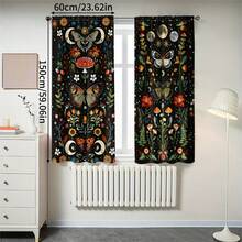 2pcs Bohemian Vintage Moon Phase Butterfly Mushroom Pattern Printed Semi-Sheer Curtains, 90GSM Polyester Semi-Sheer Privacy Protection, Easy Installation, Quick Dry, Washable, Non-Fading, Lightweight Removable Curtains, Suitable For Home, Room, Kitchen And Other Partitions Or Decoration - Multicolor - View 15