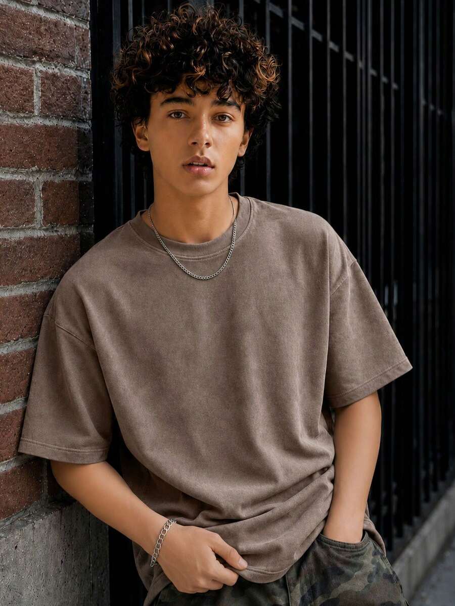 1pc Teen Boy Casual Outdoor Sports Simple Suede T-Shirt, Summer - Brown - View 1