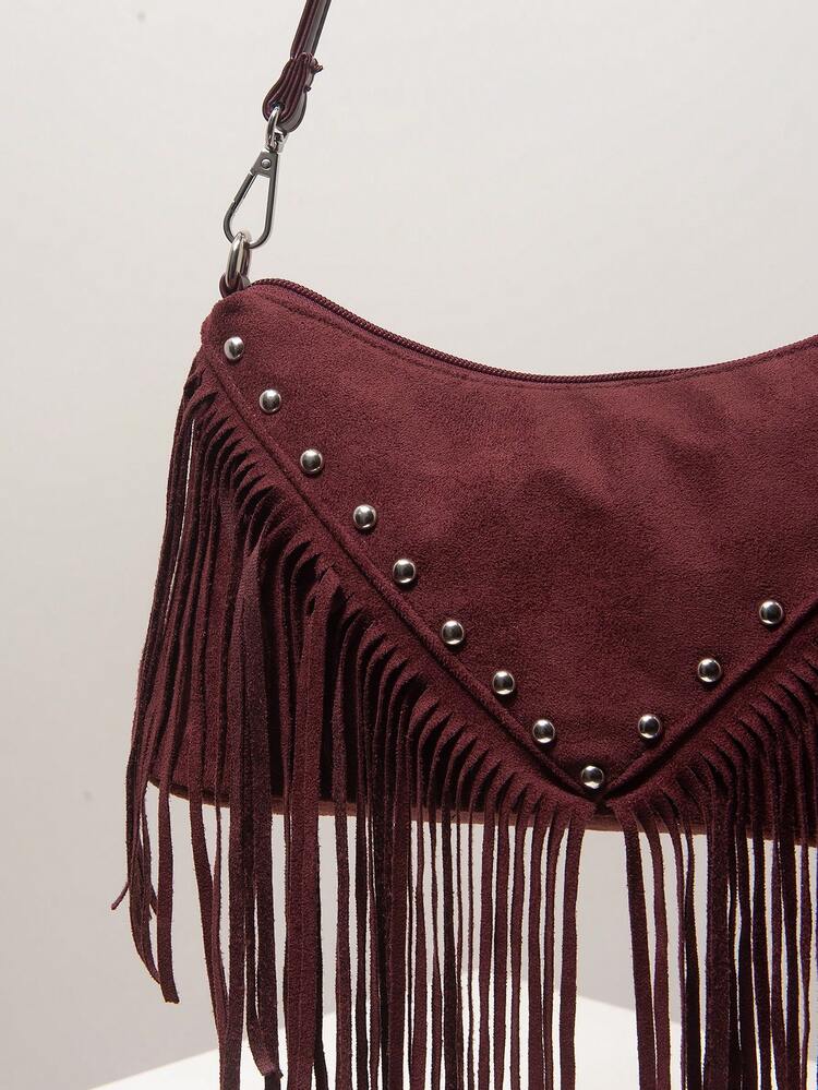 Tas Bahu dengan Rumbai, Tas Komuter Wanita Suede Vintage, Perlengkapan Perjalanan, Perlengkapan Kapal Pesiar, Gaya Elegan, Hadiah untuk Wanita - Burgundy - View 3