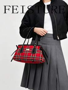 FEISTURE 1件時尚格紋單肩腋下包，大容量女款通勤包，適合日常出行、約會、通勤 - 紅色 - 查看 4