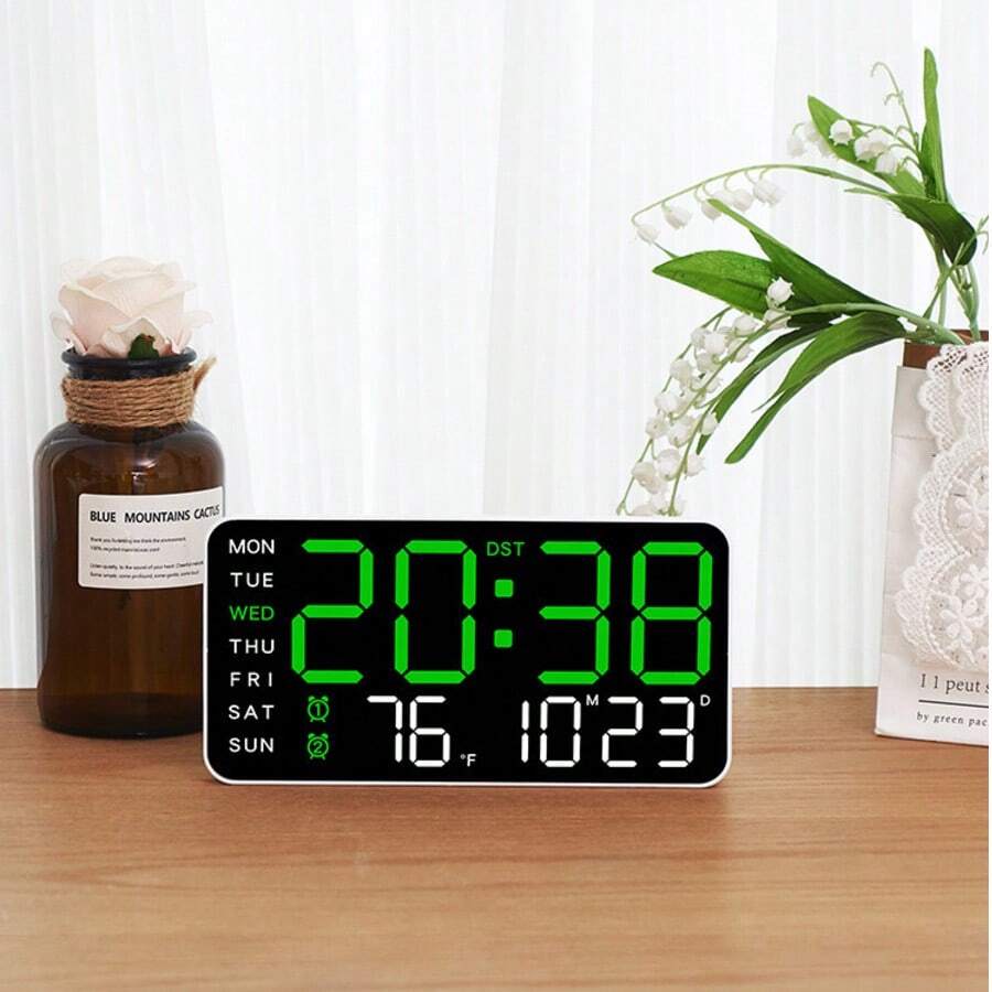 Large Digital Alarm Clock For Bedroom, Temperature Date And Weekday Display, Adjustable Brightness And Volume, Desktop Or Wall-Mounted, Modern Home Office Clock