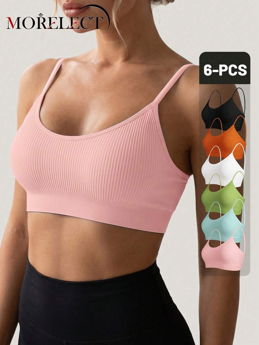 Morelect 6 Buah Bra Tanpa Kawat Wanita dengan Bantalan yang Dapat Dilepas, untuk Pemakaian Sehari-hari, Motif Garis-garis
