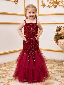 ALISA&LEO Girls' Spaghetti Strap Backless Sequin Mermaid Dress With Tulle Trim, Elegant Silhouette, Suitable For Photos, Formal Events, Weddings And Beauty Pageants - Red - View 5