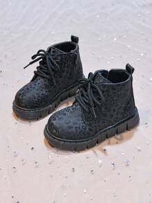 Girls' Stylish Leopard Print Ankle Boots, Autumn/Winter New Single Layer Leather Boots, Versatile Boots For Kids, Boys' Leather Boots - Black - View 5