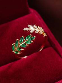 1 Fashionable Cubic Zirconia Decorative Open Ring Suitable For Women's Daily Wear, Gold-Plated Zirconia Ring - Green - View 2