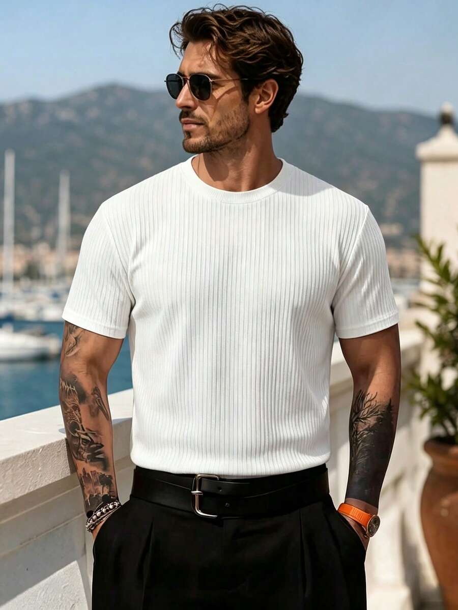 1pc Men's Casual Round Neck Solid Color Short Sleeve T-Shirt - White - View 1