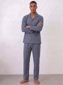Snug League [PONX]2pcs Men's Pajama Set, Long Sleeve Top & Pants, Breathable & Moisture-Wicking, Spring/Autumn, Fall Winter Clothes - Blue - View 7