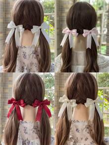 2pcs Girls Minimalist Versatile School Style Solid Color Bow Ribbon Ponytail Hair Clips, Suitable For Daily Wear And Back To School Season - 蝴蝶結髮夾 - 查看 1