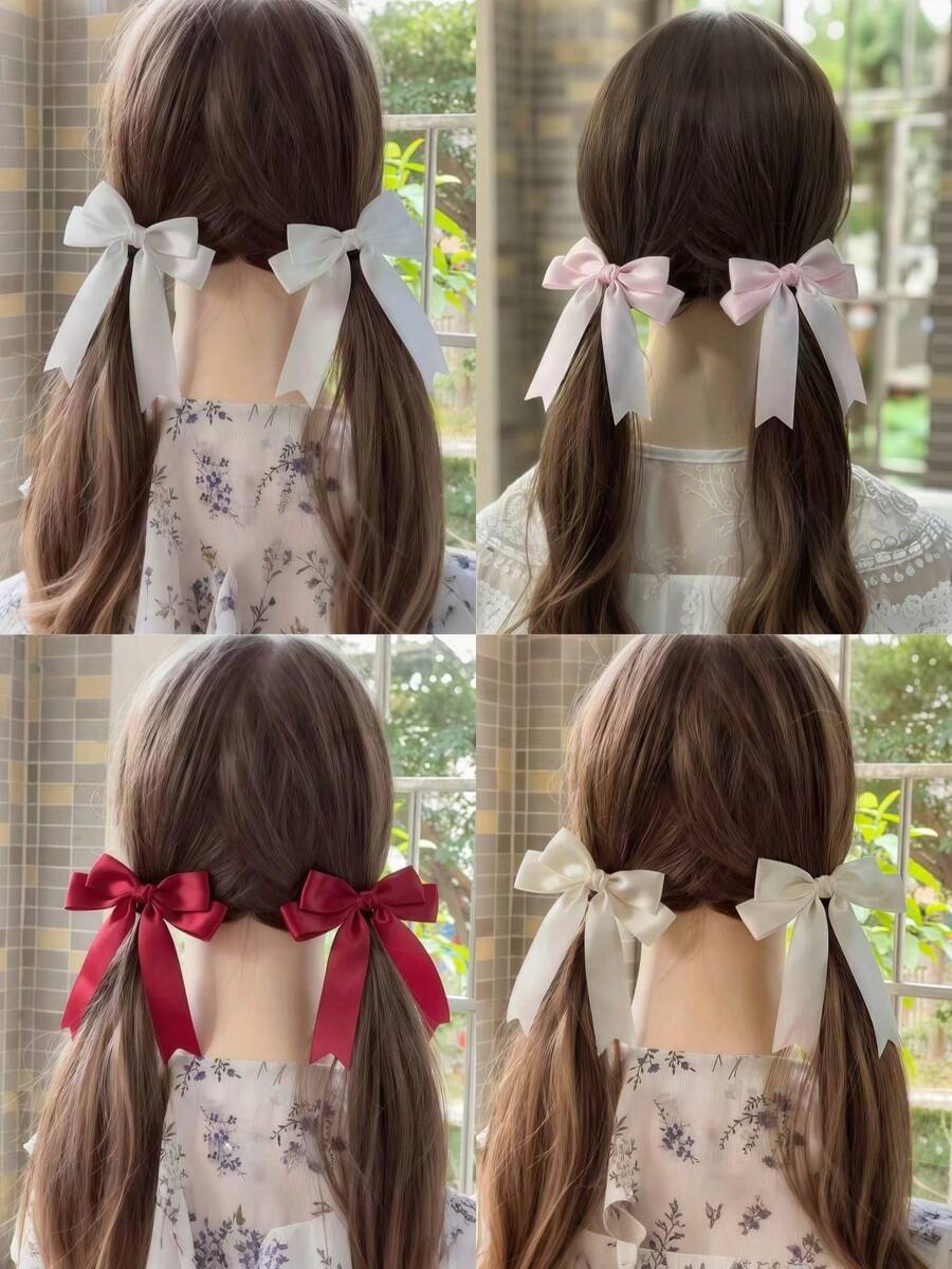2pcs Girls Minimalist Versatile School Style Solid Color Bow Ribbon Ponytail Hair Clips, Suitable For Daily Wear And Back To School Season - 蝴蝶結髮夾 - 查看 1