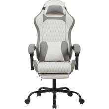 Silla ergonómica para juegos y oficina, fabricada en cuero sintético transpirable, equipada con reposapiés, estructura de acero y ruedas silenciosas, giratoria 360°, adecuada para la oficina en casa y para jugar. - Blanco - Ver 13
