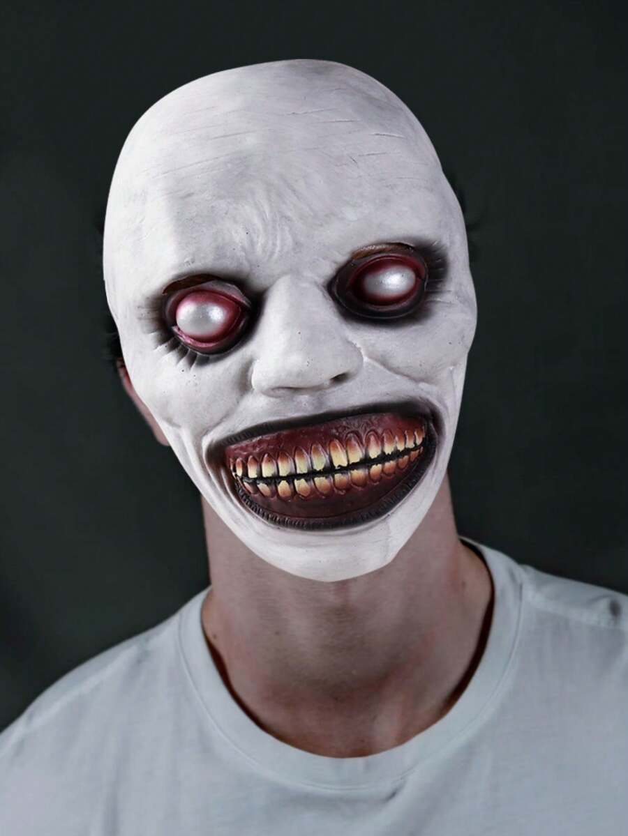 1 buah Topeng Setengah Wajah Lateks Lucu Bermata Putih Tersenyum untuk Halloween, Topeng Horor dan Thriller - View 1