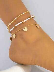 3pcs/Set Children Simple Kids Gold-Tone Circular Pendant Tassel Beaded Anklet For Suitable For Daily Wear And Vacation - Multicolor - View 6