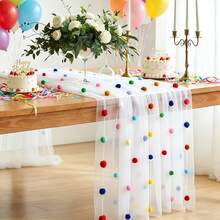 Cute Party Tablecloth With 3D Velvet Pom Poms, Colorful Polka Dot Confetti Tulle Table Runner, Macaron Color Mesh Tulle Rainbow Table Decor, Suitable For Birthday, Wedding, Home, Baptism Party - Multicolor - View 5