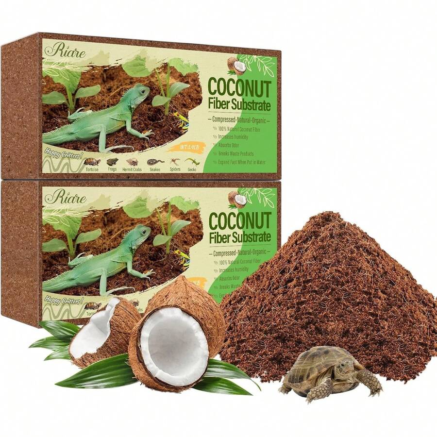 Riare 2 Pack Natural Coconut Fiber Substrate For Reptile- Premium Compressed Coconut Husk Terrarium Bedding For Reptile, Tortoise, Frogs, Snakes Hermit Crabs, Burrowing Animals - 2 Pack - View 1