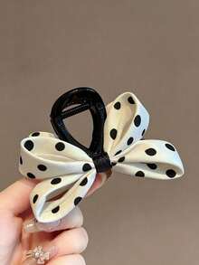 2Pcs/1pc Polka Dot Bow Hair Claw Clip Set, Black & Beige Large Bow Hair Clips, Elegant Hair Accessories For Women Daily Outfit - Multicolor - View 8