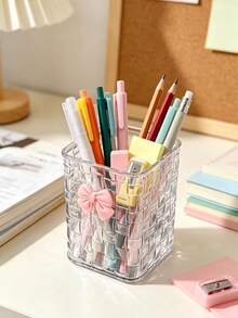 1pc Luxury Woven Texture Transparent Storage Box, Multi-Functional Stationery And Cosmetic Organizer, Decorated With Cute Bow, Space-Saving And Tidy - Pen Holder - View 5