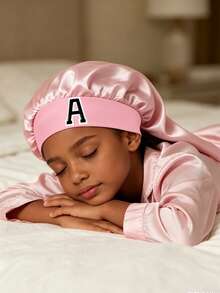 Children Girls A-Z Long Satin Hair Bonnet With Elastic Band, Protects Long Braids, Curly Hair & Wigs While Sleeping - Pink - View 2
