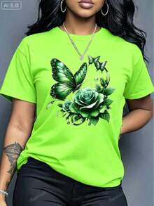 Women'S Casual Crew Neck T-Shirt With Purple Rose And Butterfly Graphic Print,Ideal Birthday Or Holiday Gift, White And Navy The-Shoulder Cropped Top - 螢光綠 - 查看 3