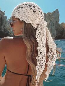 1pc Crochet Knitted Bohemian Lace Triangle Headband, Vintage Bow Hair Accessory For Girls And Women, Tropical Style - White - View 7