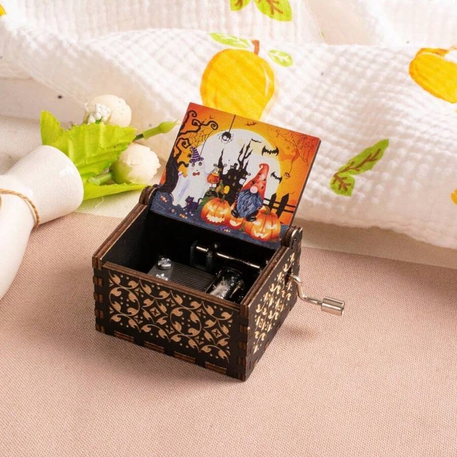 1 hộp nhạc quay tay bằng gỗ họa tiết Halloween, hộp nhạc vẽ trang trí kiểu quầy hàng, quà tặng nhỏ trang trí - Hộp nhạc Halloween - Xem 1